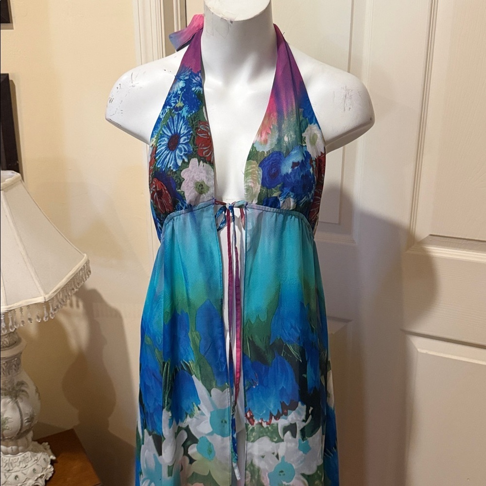 Francesca's Floral Halter Dress/Coverup Sheer. Small/Medium Adjustable - Picture 3 of 9